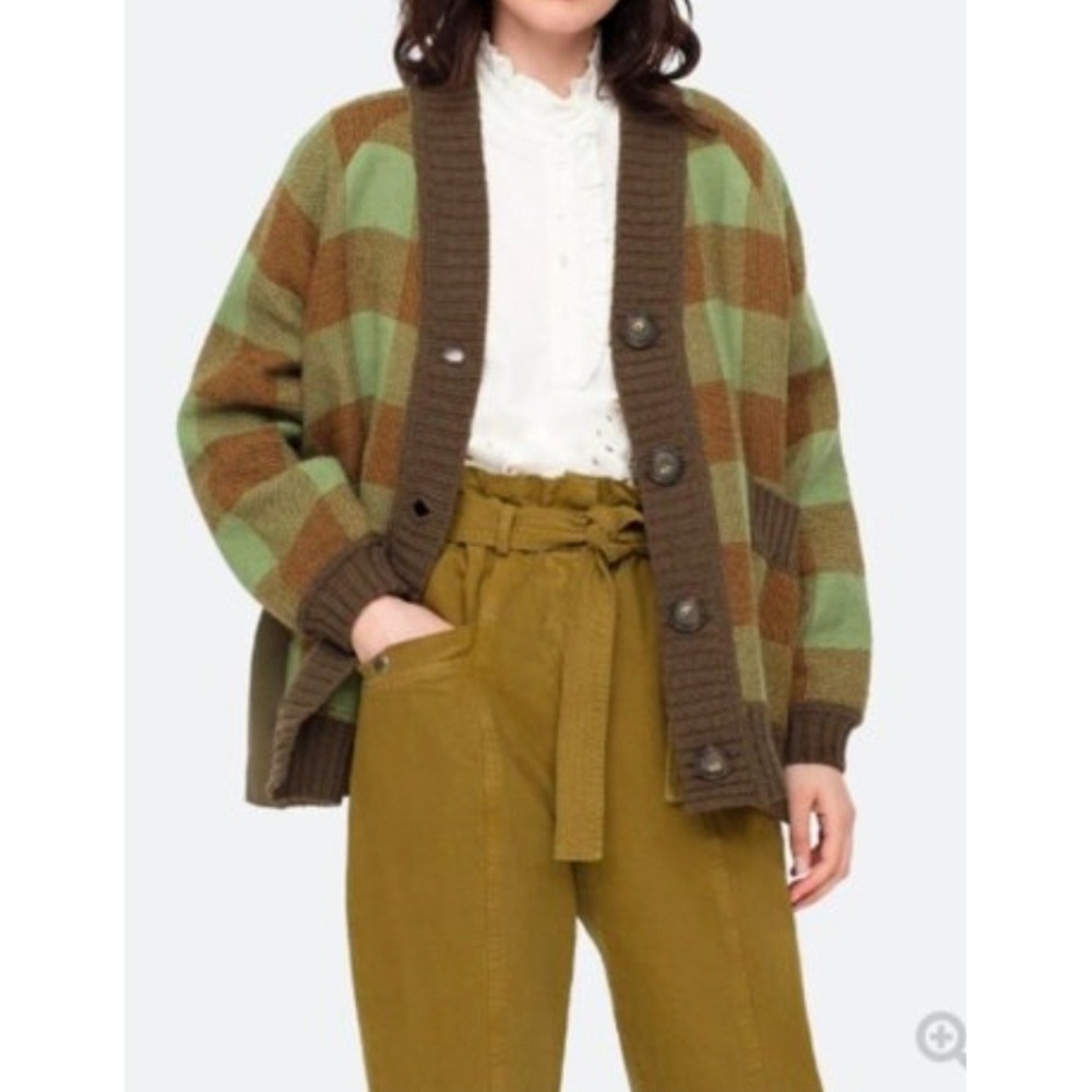 SEA New York Wool Check Cardigan Jacket Green/Brown Plaid Lined Back Size Large